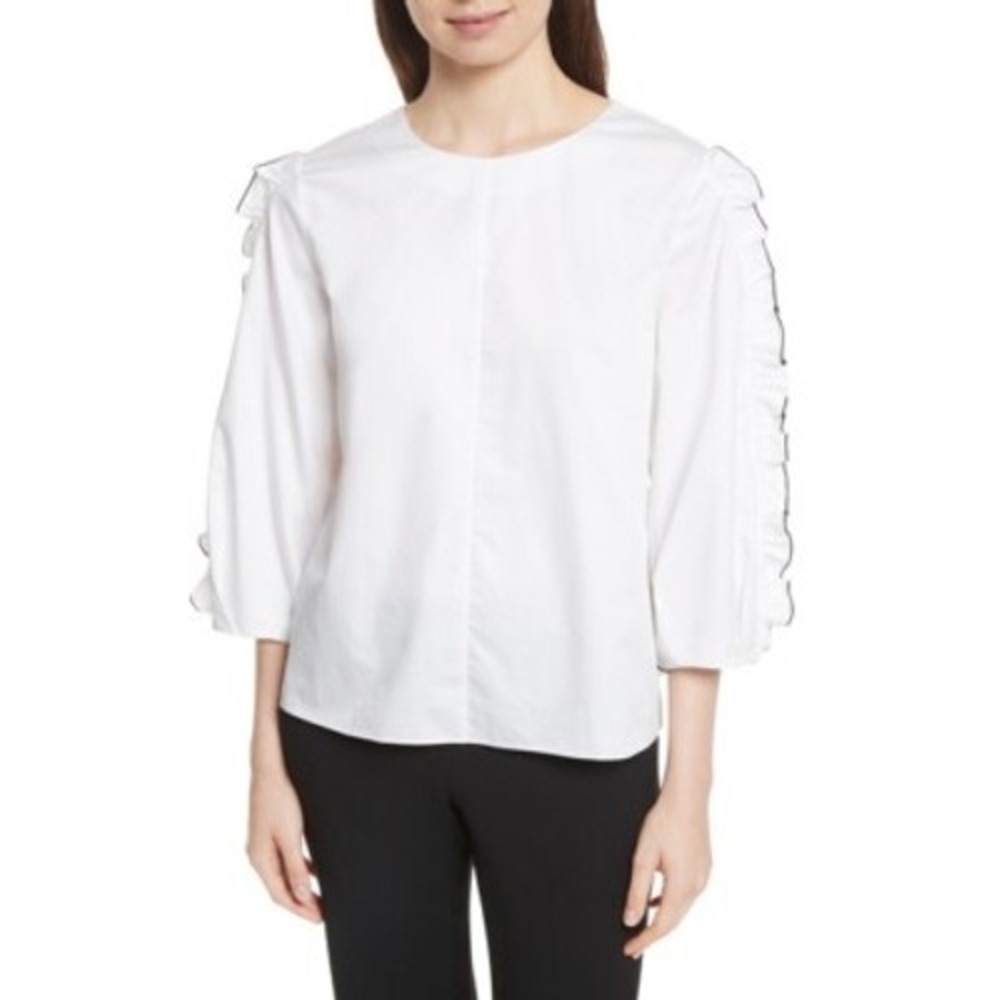 Tibi Spectator Ruffle White Blouse Contrast Trim 3/4 Sleeve Size 8